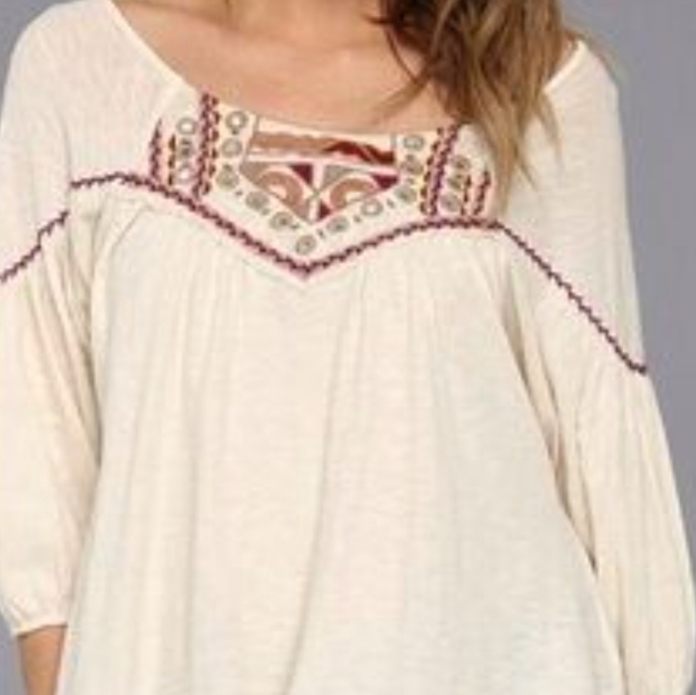 Free People Cream and Purple Embroidered Blouse